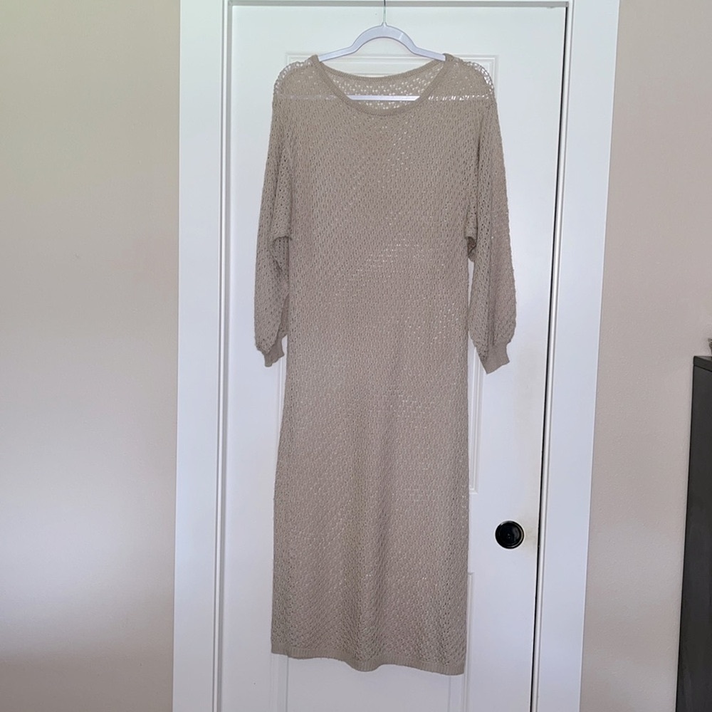 Open Knit Swimsuit Cover/Dress 3/4 Bishop Sleeve Crochet Maxi  Size Small